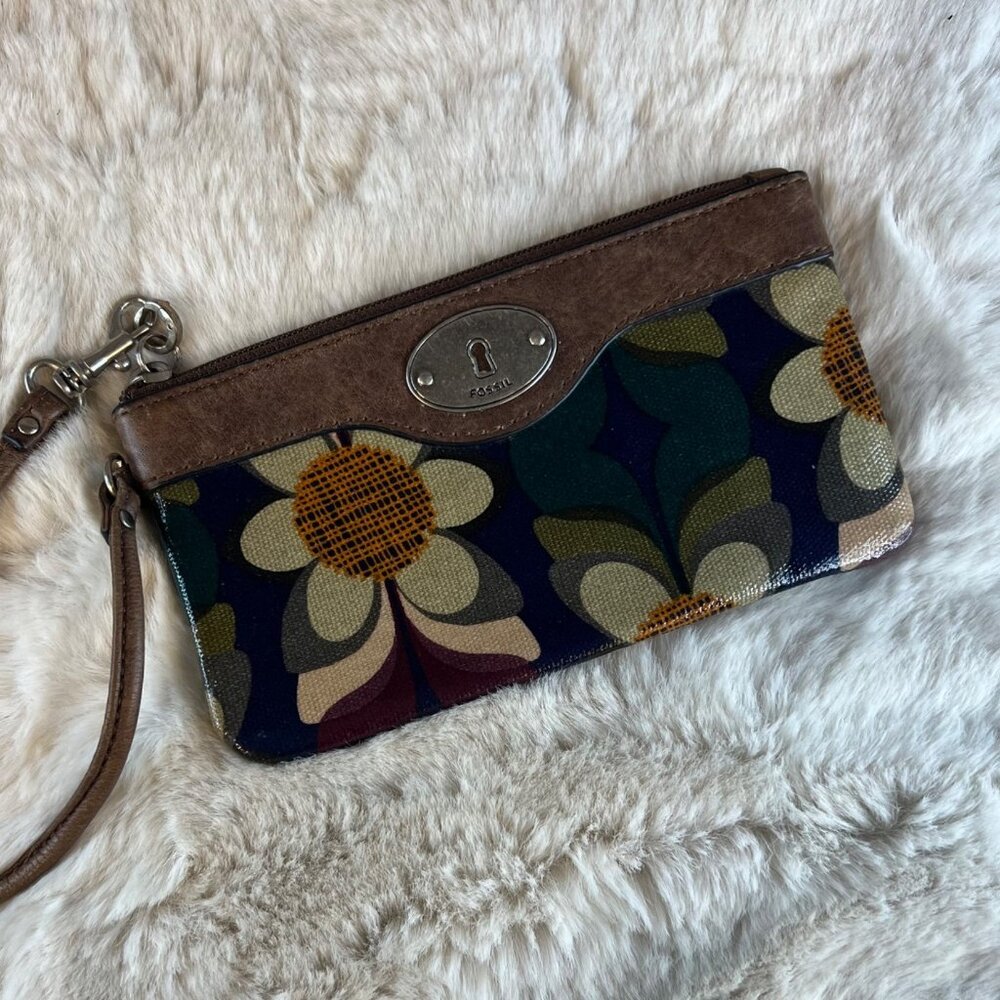 VTG Y2K Fossil Key-Per Coated Floral Zippered Wristlet Bag Wallet
